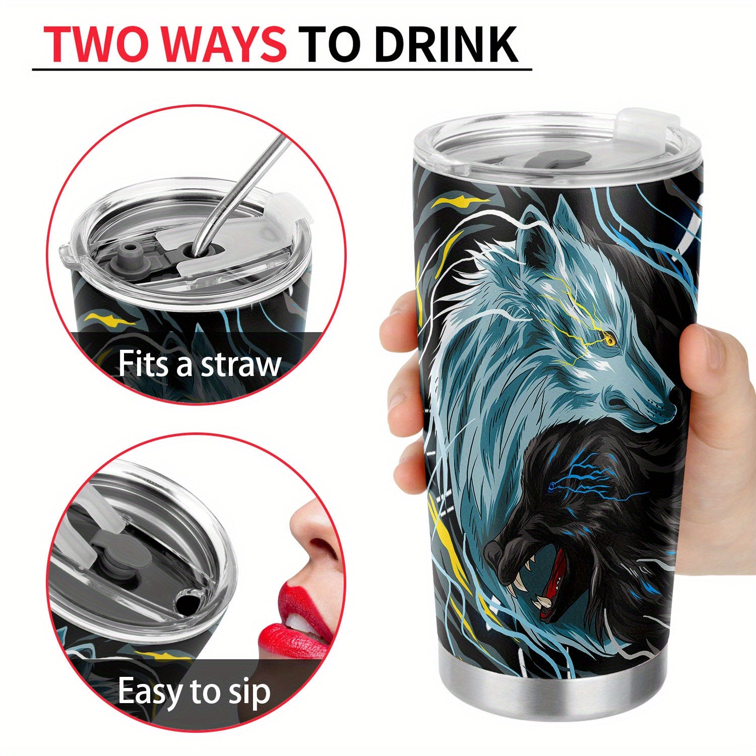 20oz Stainless Steel Tumbler Wolf Pattern Insulated Travel Mug