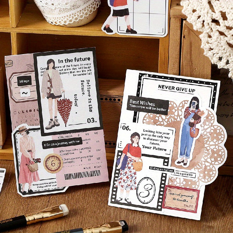 6pcs Literary Style Stickers Meeting Record Dressing Pattern for DIY Journal