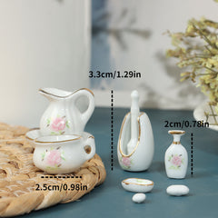 9pcs Dollhouse Bathroom Accessories Set 1:12 Scale Ceramic Rose Pattern Decor