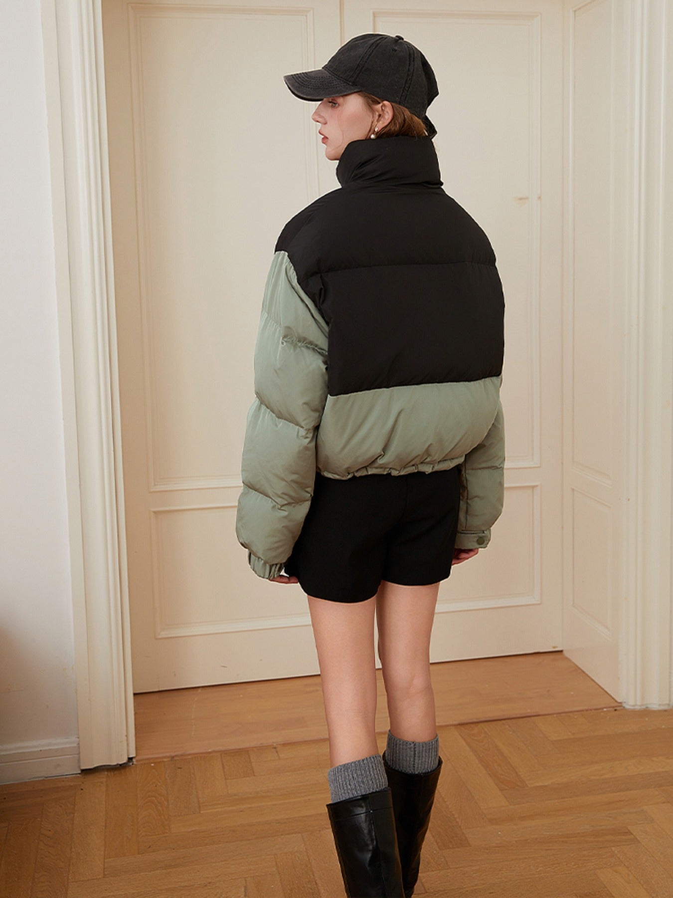 Block Stand Collar Puffer Jacket Coat Zip Up Warm Short Jacket Coat