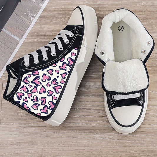 Leopard Heart Print Plush Lined Thermal Chunky Canvas Sneakers