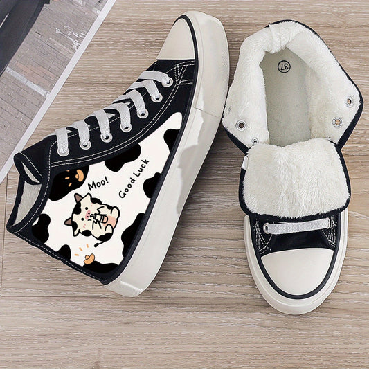 Cow Print Plush Lined Chunky Canvas Sneakers