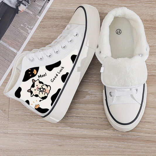 Cow Print Plush Lined Chunky Canvas Sneakers