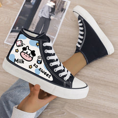 Cow Print Plush Lined Chunky Canvas Sneakers