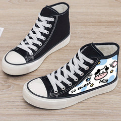 Cow Print Plush Lined Chunky Canvas Sneakers