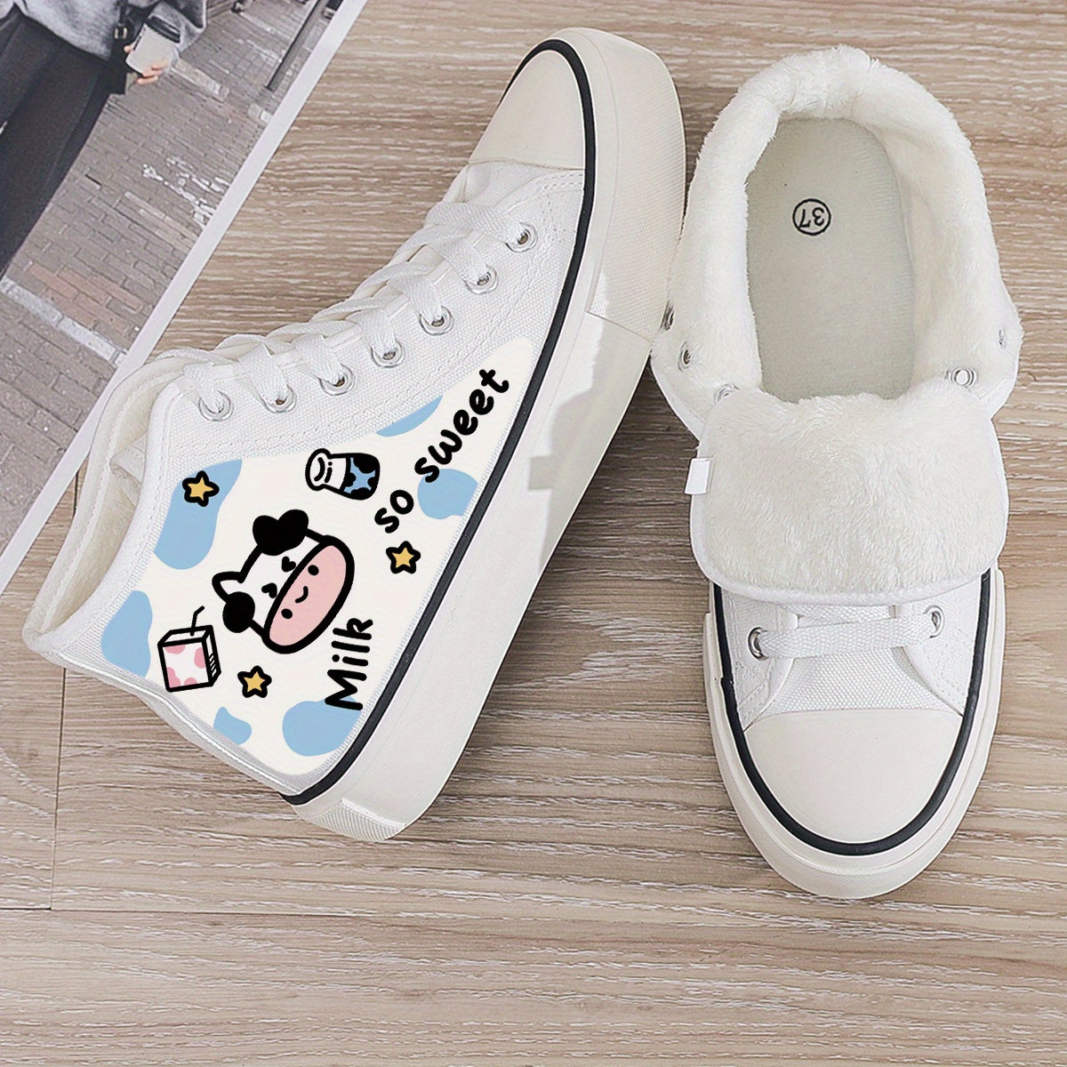 Cow Print Plush Lined Chunky Canvas Sneakers