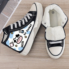 Cow Print Plush Lined Chunky Canvas Sneakers