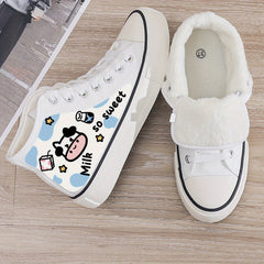 Cow Print Plush Lined Chunky Canvas Sneakers