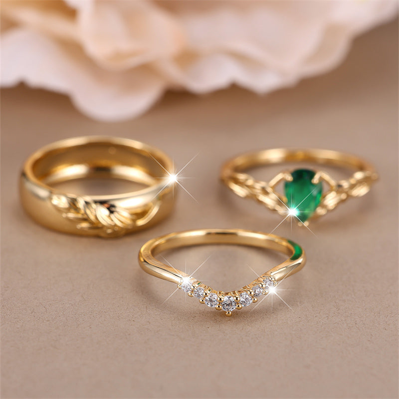 3pcs Green Faux Stone Rings Set Golden Floral Jewelry Gift