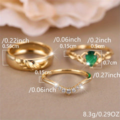 3pcs Green Faux Stone Rings Set Golden Floral Jewelry Gift