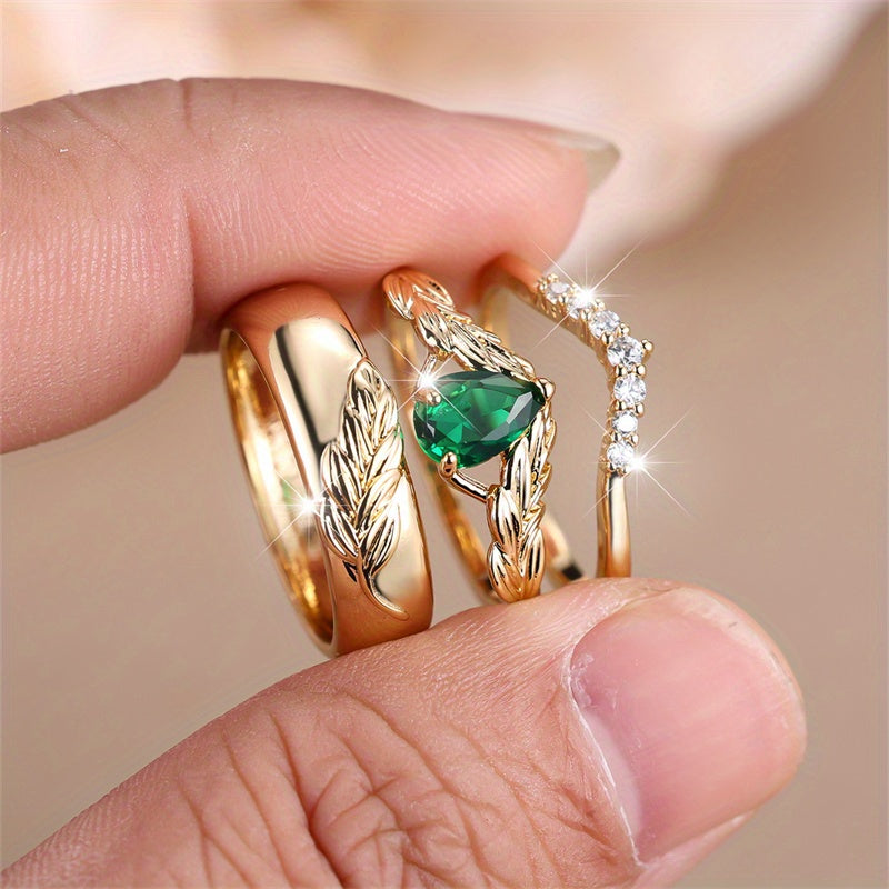 3pcs Green Faux Stone Rings Set Golden Floral Jewelry Gift