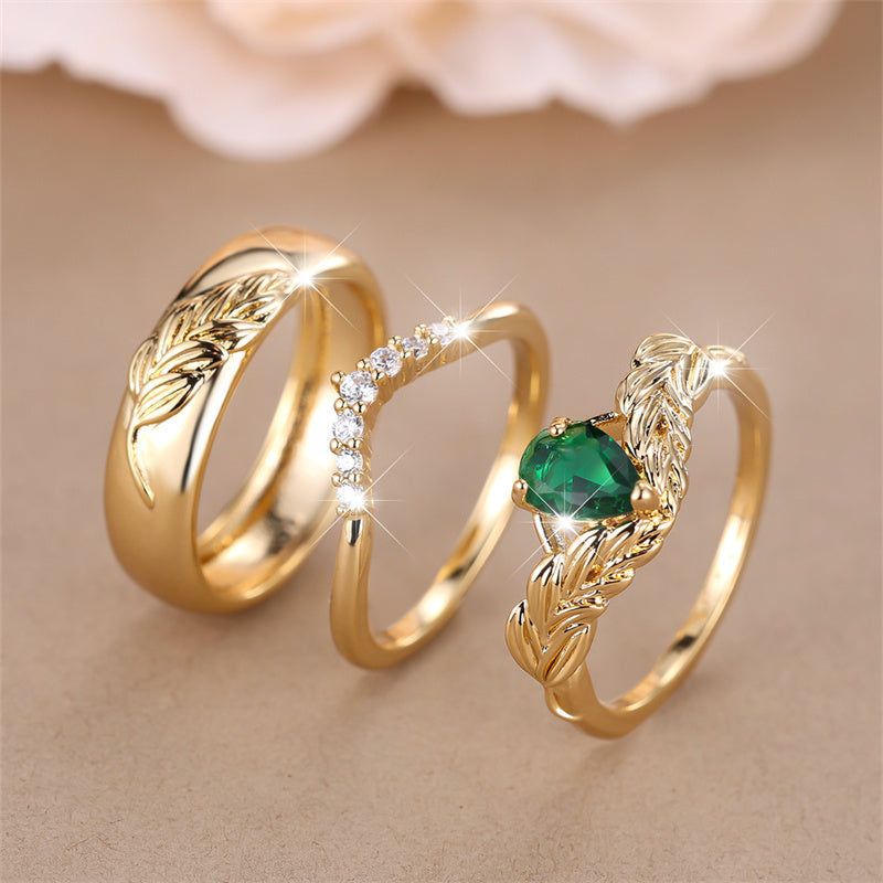 3pcs Green Faux Stone Rings Set Golden Floral Jewelry Gift