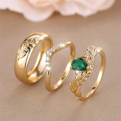 3pcs Green Faux Stone Rings Set Golden Floral Jewelry Gift