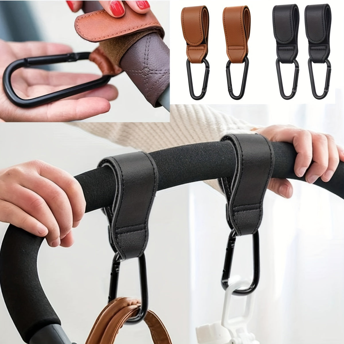 2pcs Stroller Hooks For Hanging Diaper Bags Faux Leather Pram Straps