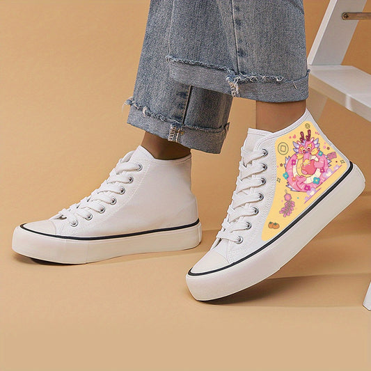 Dragon Print Flat Heighten Chunky Canvas Sneakers