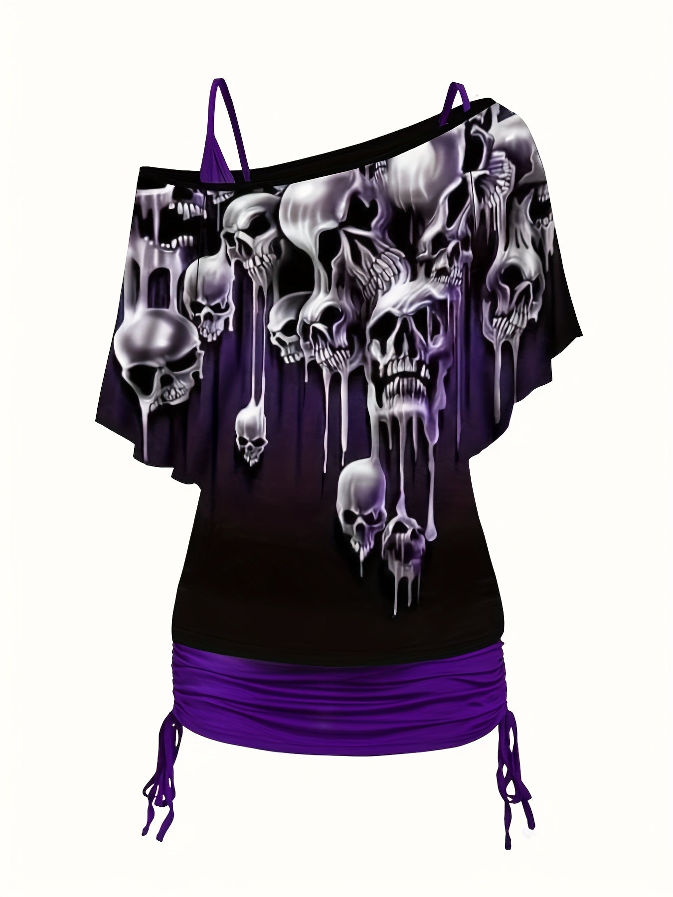 Gothic Bodycon 2pc Set Wings Pattern Slanted Shoulder Tops & Dress