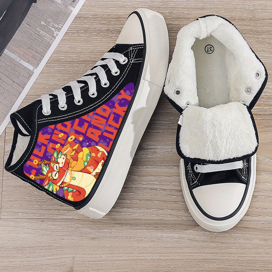 Dragon Print Plush Lined Thermal Chunky Canvas Sneakers Flat Heighten