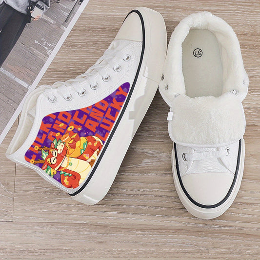 Dragon Print Plush Lined Thermal Chunky Canvas Sneakers Flat Heighten