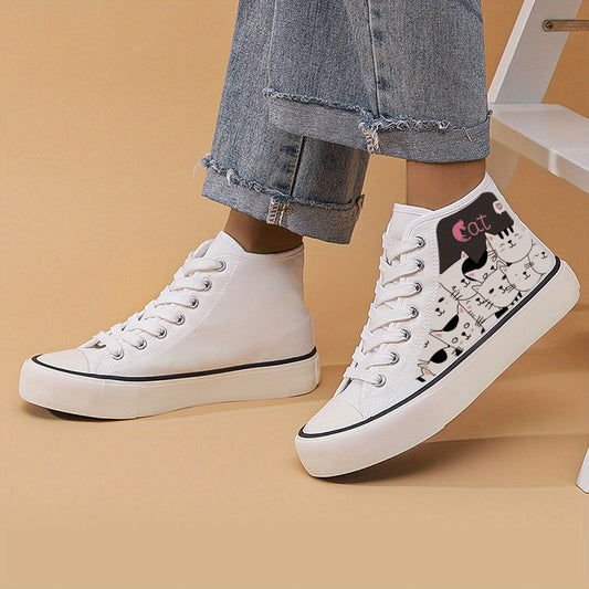 Cat Print Chunky Canvas Sneakers High Top Skate Shoes