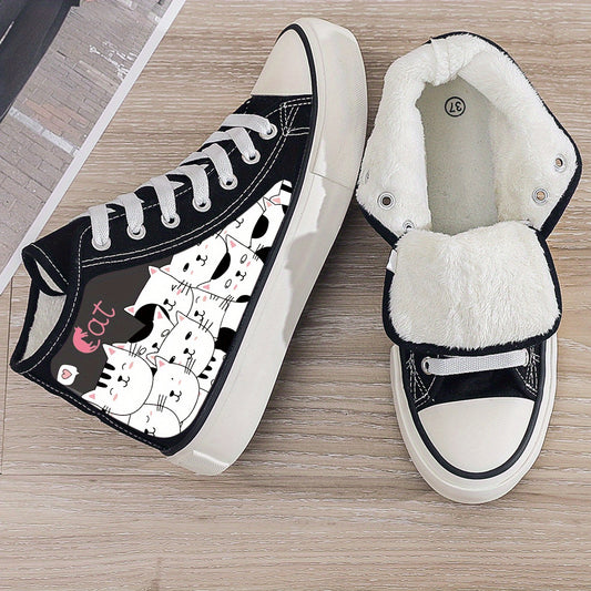 Cat Print Plush Lined Chunky Canvas Sneakers