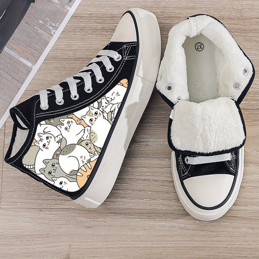 Cat Print Plush Lined Thermal Chunky Canvas Sneakers