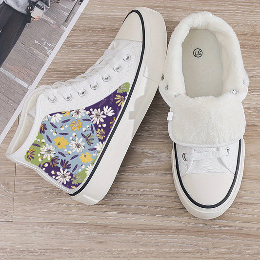 Floral Print Plush Lined Thermal Chunky Canvas Sneakers
