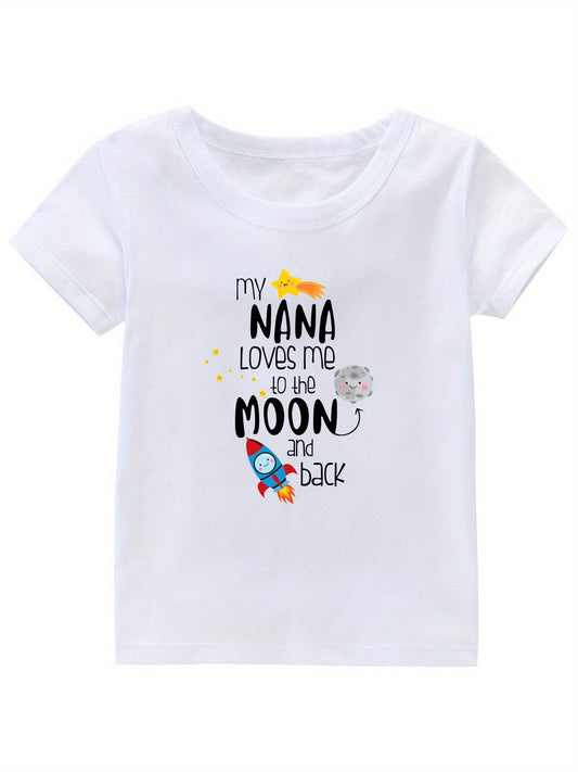 Moon & Rocket Print Girl's Cotton T shirt Breathable Tee For Summer