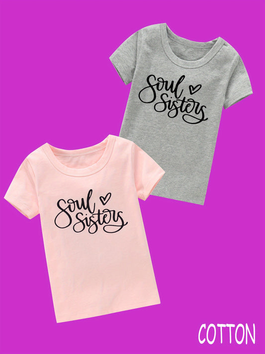 2pcs Girls 100 Cotton SOUL SISTERS Print Short Sleeve T shirt Set
