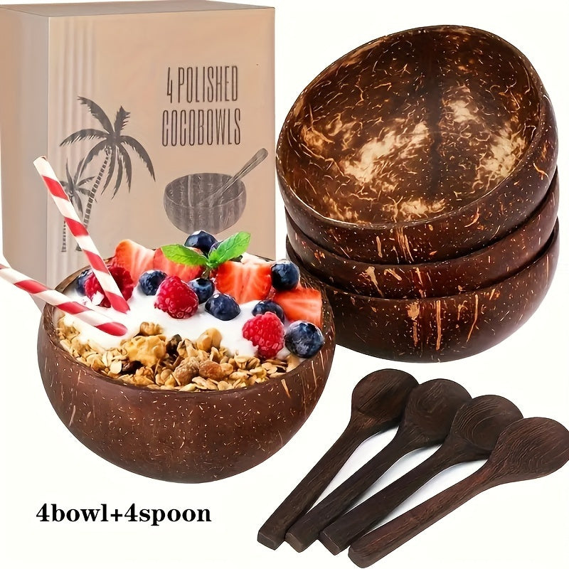 4pcs Coconut Bowl Set for Salad, Noodles, Yogurt - Kitchen Dinnerware