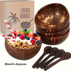 4pcs Coconut Bowl Set for Salad, Noodles, Yogurt - Kitchen Dinnerware