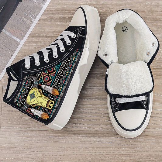 Cow Print Plush Lined Thermal Chunky Canvas Sneakers