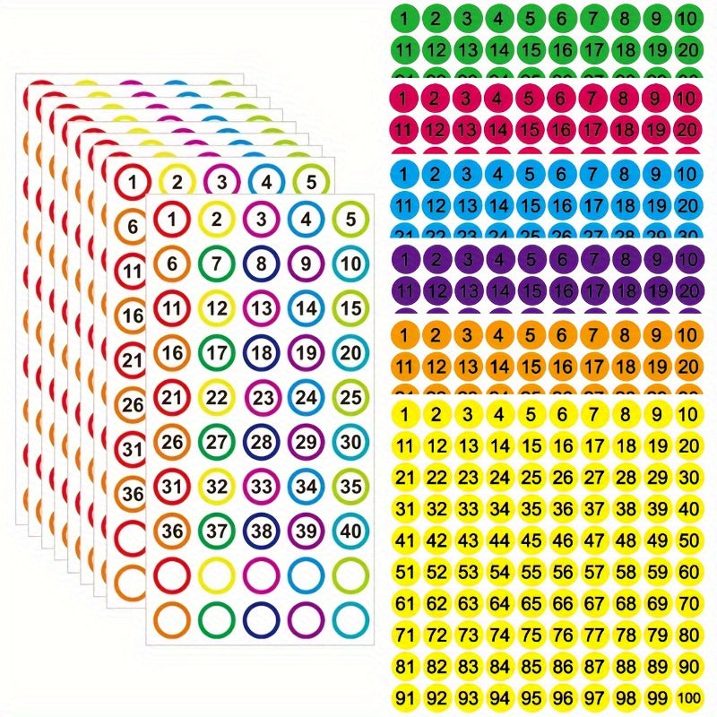 Colorful 1-40 Round Marker Stickers, 2 Per Sticker, Office Document Daily
