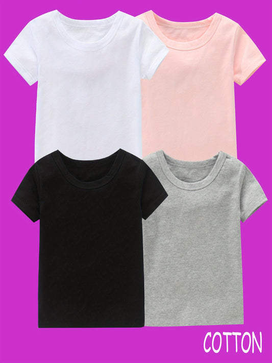 4pcs Girls 100% Cotton Crew Neck Short Sleeve T-shirt Set for Summer