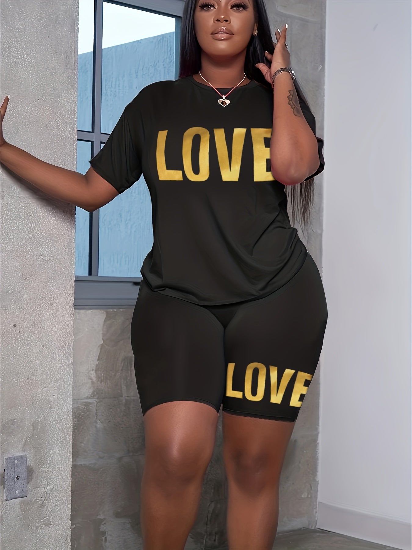  Letter Print Short Tee & Shorts 2 Piece Fitness Set