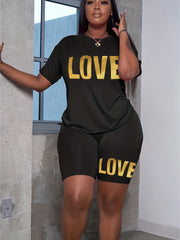  Letter Print Short Tee & Shorts 2 Piece Fitness Set