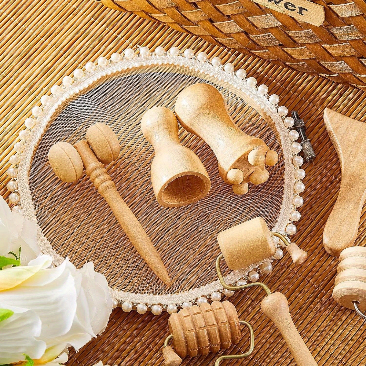 7pcs Wooden Face Massage Tool Set Skin Care Facial Massager Contouring Roller