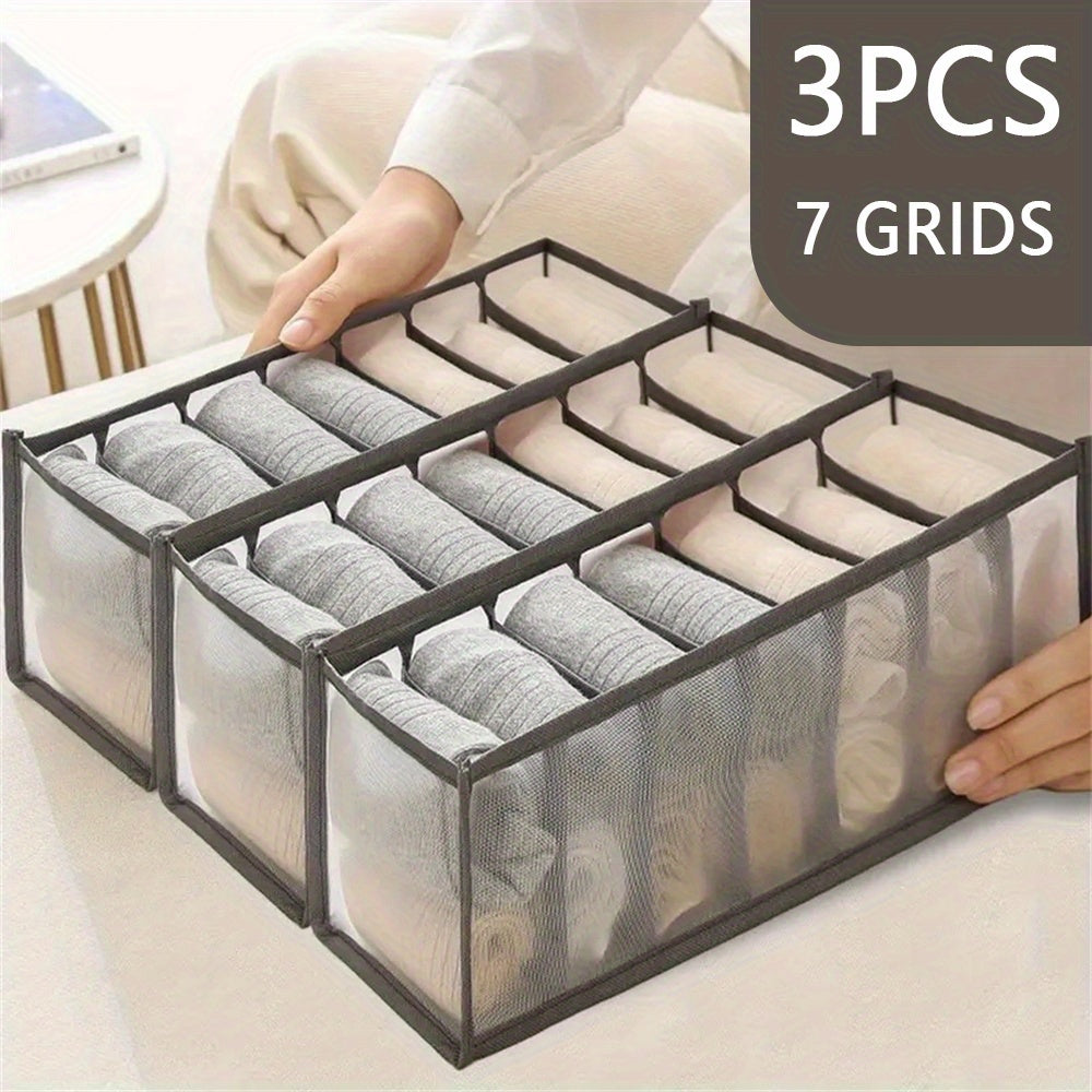 3pcs Fabric 7 Grid Wardrobe Organizer Drawer Style Folding Storage Boxes