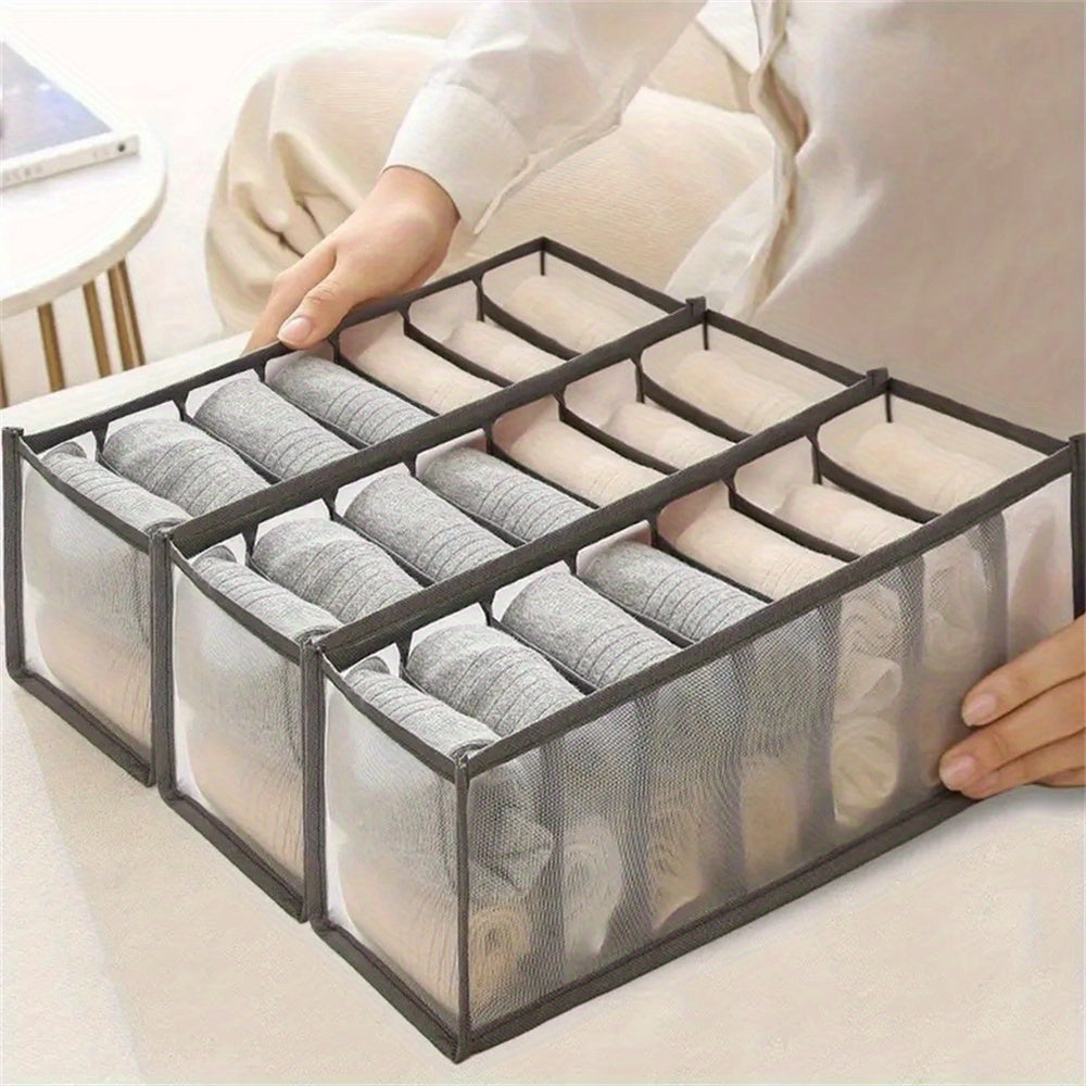 3pcs Fabric 7 Grid Wardrobe Organizer Drawer Style Folding Storage Boxes