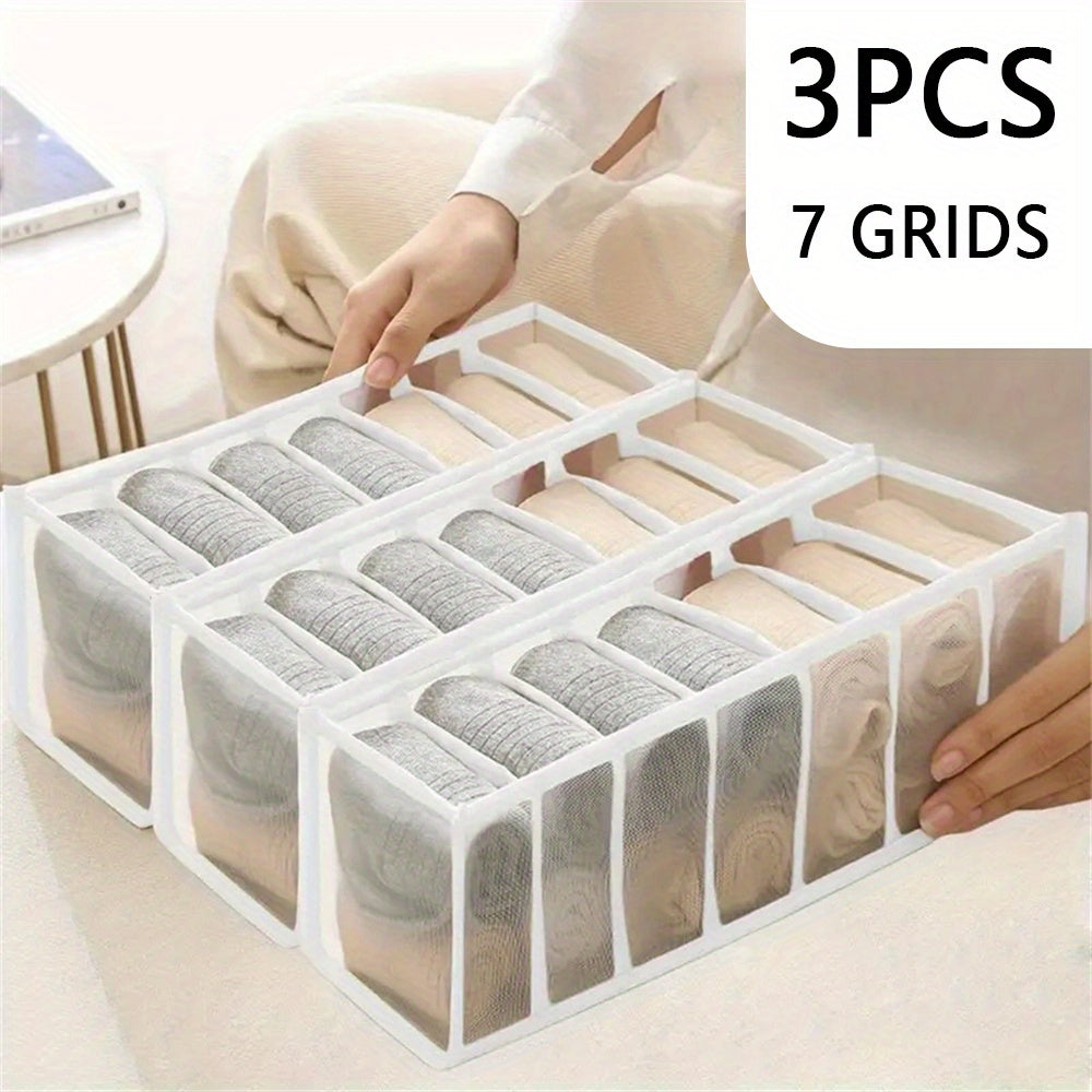 3pcs Fabric 7 Grid Wardrobe Organizer Drawer Style Folding Storage Boxes