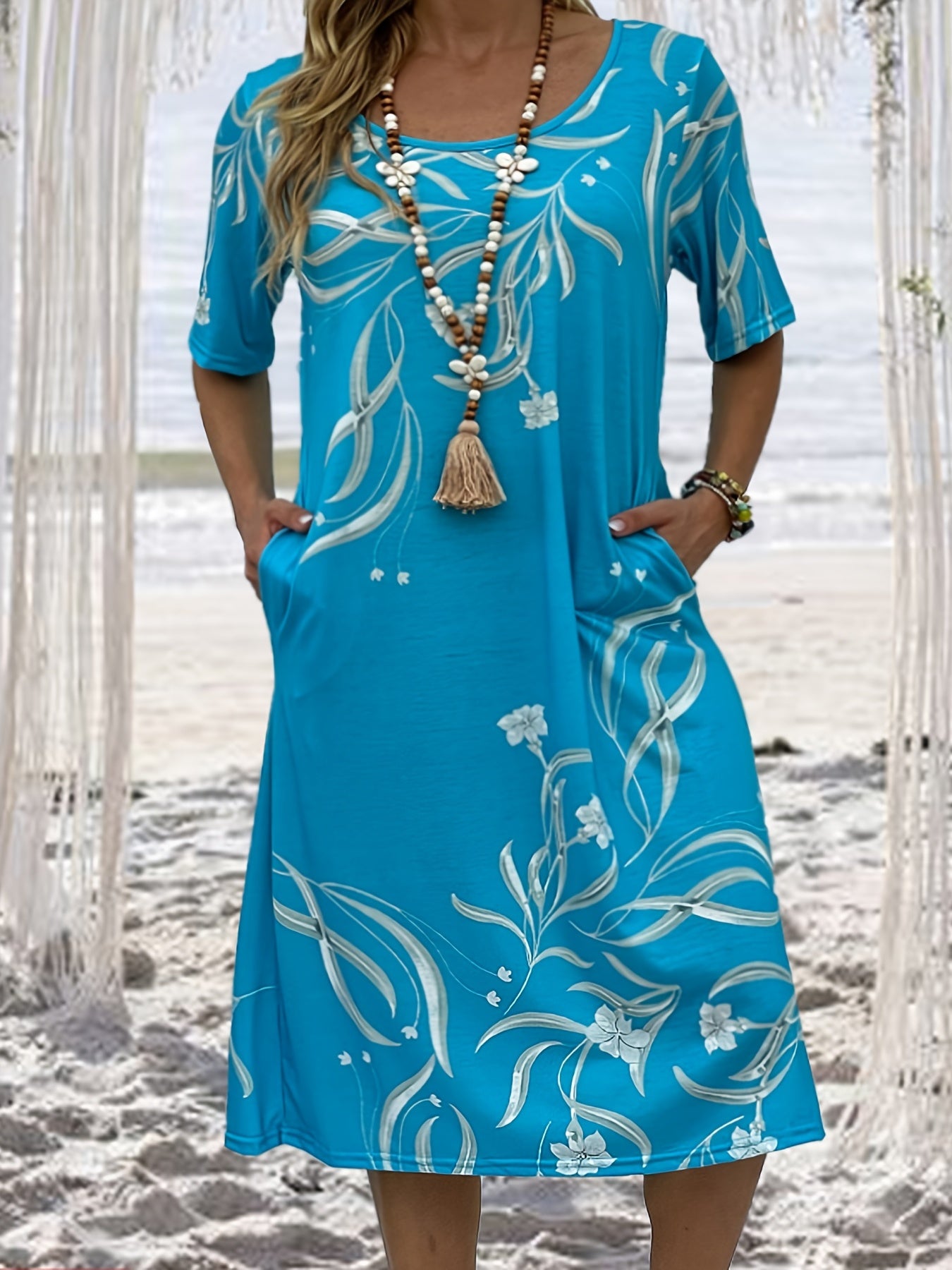  Boho Dress Women's Plus Floral Print Midi T shirt Dress