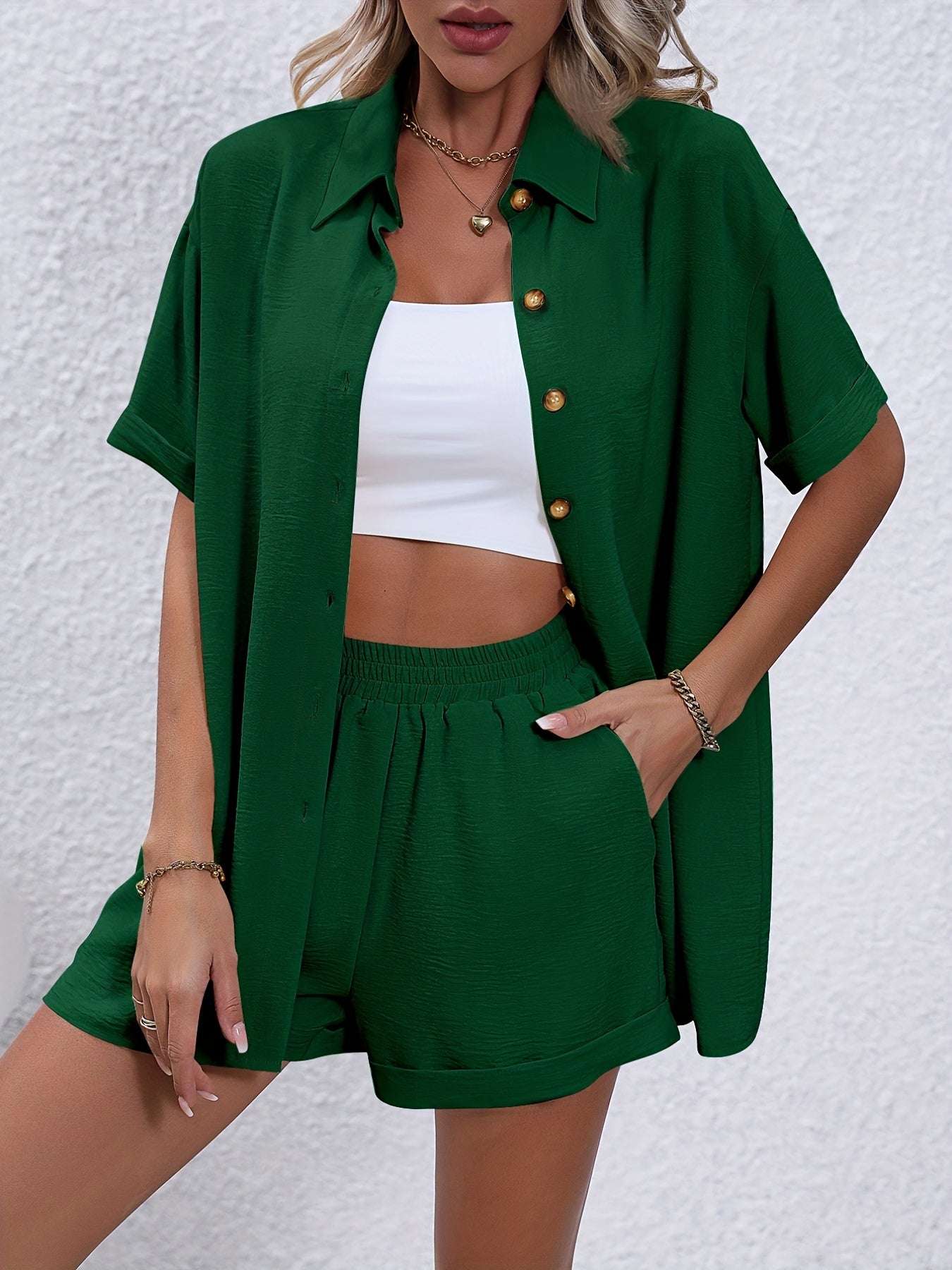 Casual Solid Two piece Set Button Front Blouse & Elastic Shorts Outfits