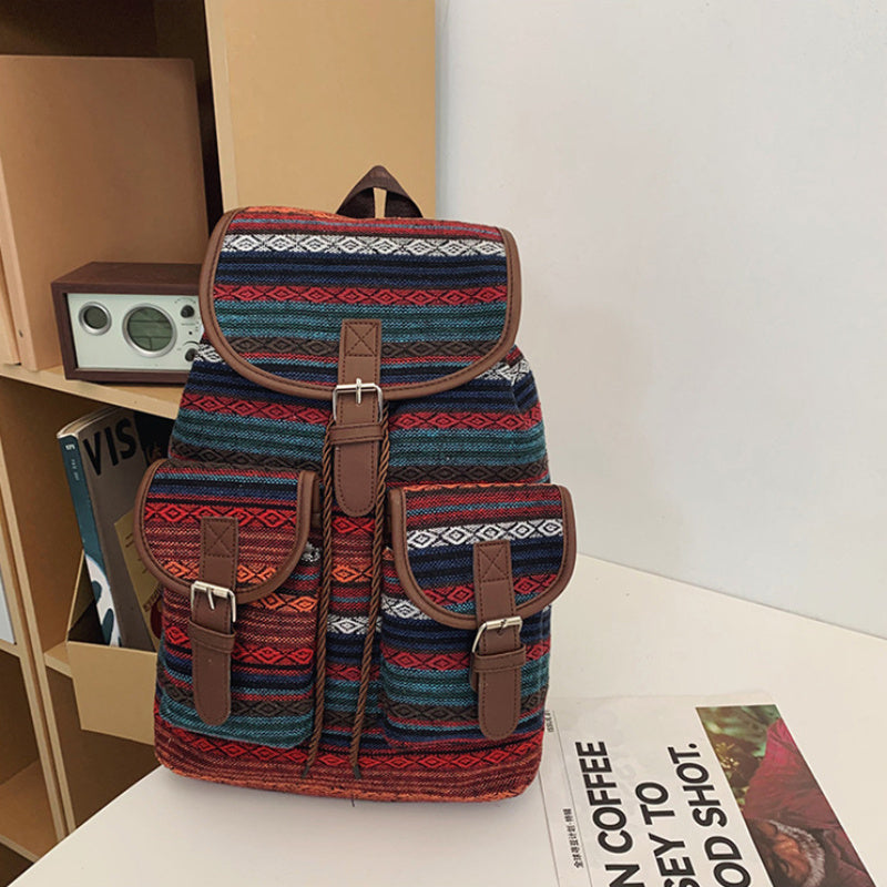 Vintage Oxford Cloth Backpack Spacious Ethnic Style Flap Daypack