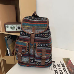 Vintage Oxford Cloth Backpack Spacious Ethnic Style Flap Daypack