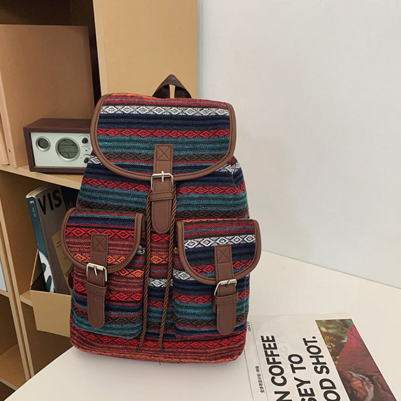 Vintage Oxford Cloth Backpack Spacious Ethnic Style Flap Daypack