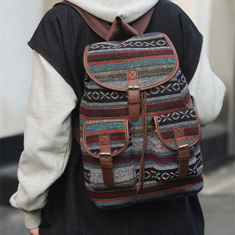 Vintage Oxford Cloth Backpack Spacious Ethnic Style Flap Daypack