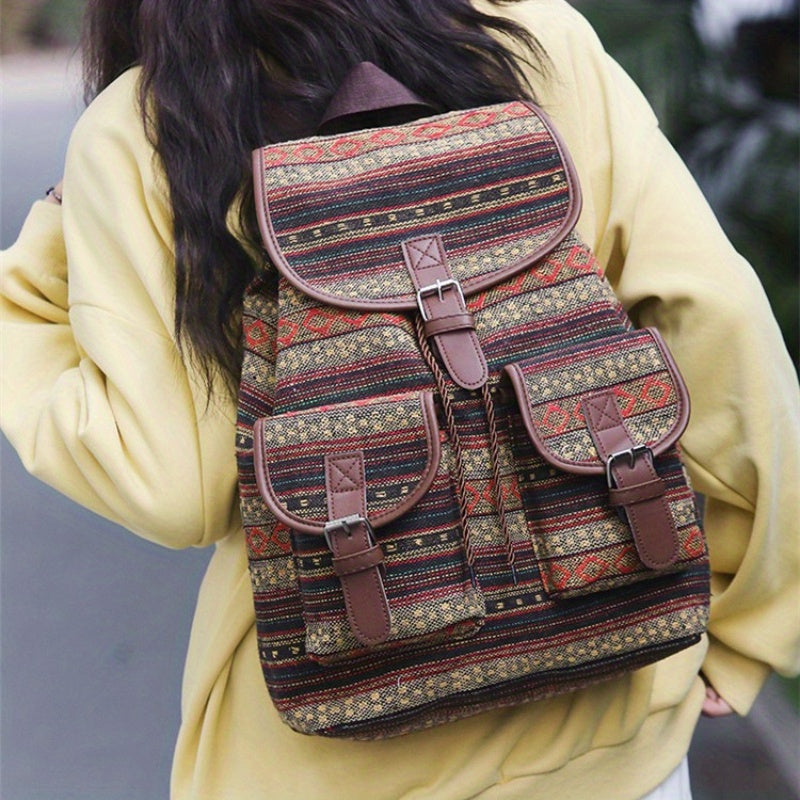 Vintage Oxford Cloth Backpack Spacious Ethnic Style Flap Daypack