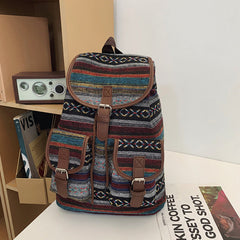 Vintage Oxford Cloth Backpack Spacious Ethnic Style Flap Daypack