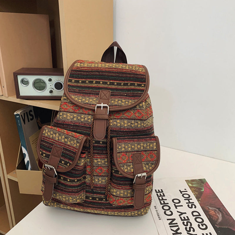 Vintage Oxford Cloth Backpack Spacious Ethnic Style Flap Daypack