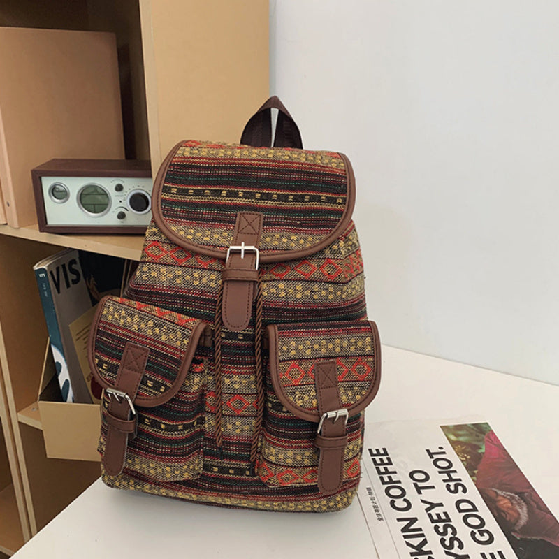 Vintage Oxford Cloth Backpack Spacious Ethnic Style Flap Daypack