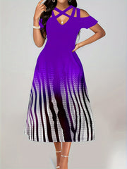  Ombre & Stripe Print Cold Shoulder Midi Dress